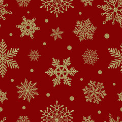 naadloos kerstpatroon met gouden glittersneeuwvlokken op rode achtergrond