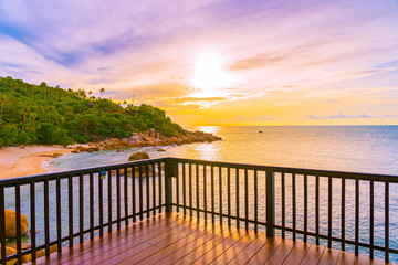 Beautiful outdoor tropical beach sea around samui island with coconut palm tree and other at sunset time