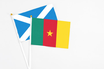 Cameroon and Scotland stick flags on white background. High quality fabric, miniature national flag. Peaceful global concept.White floor for copy space.