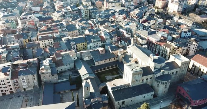 Aerial view of Spanish city of la Seu d'Urgell with Romanesque Cathedral of Santa Maria in autumn day