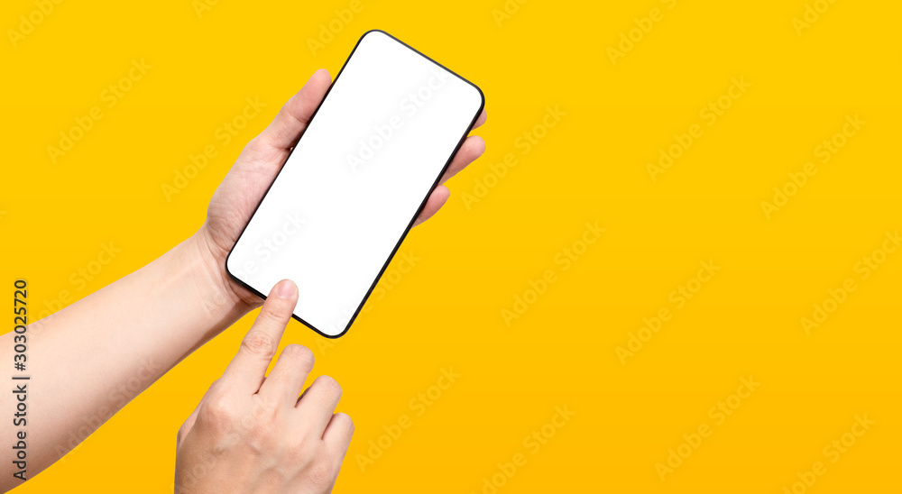 Aufkleber hand touch mobile screen mockup on yellow background. clipping path include all hand and mobile scre