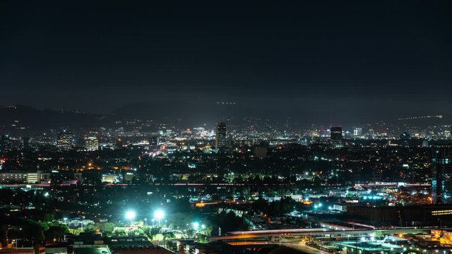 Los Angeles Towards Hollywood From Culver City Night Skyline Time Lapse