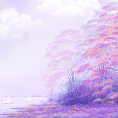 Sunny violet color flowering lavender flower plants closeup background. Square composition used.