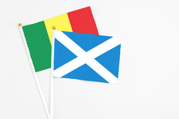 Scotland and Senegal stick flags on white background. High quality fabric, miniature national flag. Peaceful global concept.White floor for copy space.