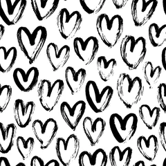 Tuinposter Heart seamless pattern. Black and white ink brush hearts hand drawn ornament. Romantic figures vector illustration. © Анастасия Гевко