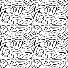 Curved arrows vector seamless pattern. Hand drawn black and white doodle elements.