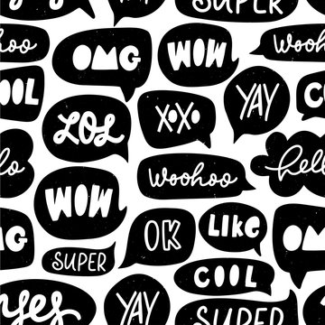 Speech Bubble Vector Seamless Pattern. Silhouette Doodle Speech Bubble With Dialog Words.