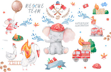 Cute baby animal elephant extinguish a fire on trees with water Watercolor hand drawn illustration Isolated animal. Rescue Team Baby colorful cartoon invite card. Fireman set with help. Rescue