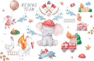 Fototapeta premium Cute baby animal elephant extinguish a fire on trees with water Watercolor hand drawn illustration Isolated animal. Rescue Team Baby colorful cartoon invite card. Fireman set with help. Rescue