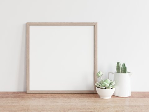 Square wooden frame mock up with green cactus. 3D illustrations.