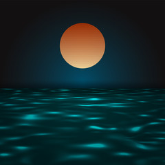 Retro style landscape sunset background. Old fashioned computer graphic for ads posters, game announcements, party invitations. 3d metallic water ripples of the sea anf flat style sun design.