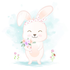 Cute rabbit holding bouquet hand drawn cartoon illustration