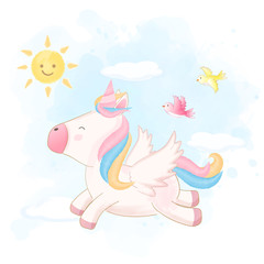 Cute unicorn flying on sky hand drawn animal illustration