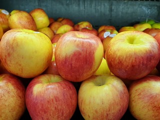 Pile of apples for sale on market stand in supermarket, Ready to eat, space for your text
