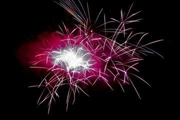 Magenta Horizontal Sparkling Fireworks Background on Night Scene