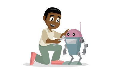 Cartoon character, African boy repairing toy Robot.