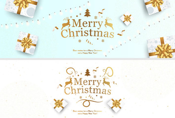 Fototapeta na wymiar Merry Christmas and Happy New Year. Two Long Greeting cards with inscription and Deer with gifts, bows and ribbons on a background with garland. Flat vector illustration EPS10