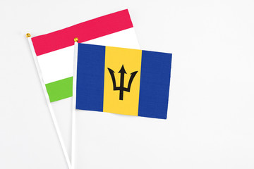 Barbados and Tajikistan stick flags on white background. High quality fabric, miniature national flag. Peaceful global concept.White floor for copy space.