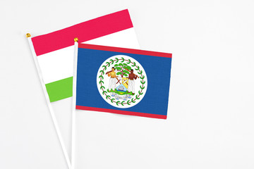 Belize and Tajikistan stick flags on white background. High quality fabric, miniature national flag. Peaceful global concept.White floor for copy space.