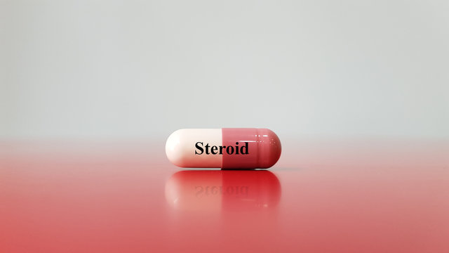 Steroid drug with clear copy space background. Steroid medication used to treatment inflammatory or autoimmune disease as asthma, COPD, rheumatic disorder,allergy, gout, lupus nephrotic syndrome 