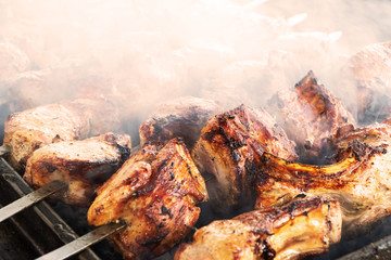 Shashlik, a traditional Russian food like barbecue (bbq) or grilled meat (beef, lamb or chicken) in smoke scene and warm tone.