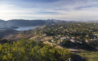 Fototapeta na wymiar Southern California Landscape View of Forested Hills and Blue Lake Hodges in San Diego North County Inland from Summit of Bernardo Mountain in Poway