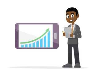 Cartoon character, African Businessman checking graph in a smartphone.