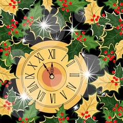 Christmas illustration. eve of christmas. clock and Holly leaves
