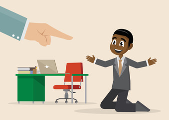 Cartoon character. African Businessman hand point up selected man.