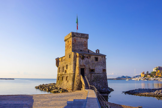 italian castles on sea italian flag - castle of Rapallo , Liguria Genoa Tigullio gulf near Portofino Italy .