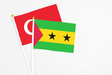 Sao Tome And Principe and Turkey stick flags on white background. High quality fabric, miniature...