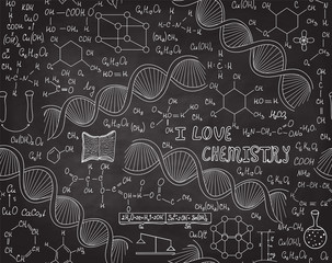 Chemistry educational vector seamless pattern with handwritten formulas, dna strands and the words 