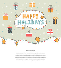 Your Gifts is Here vector flat lettering quote flat cartoon. Christmas illustration. Sale, shopping concept. Design for flyer, postcard, gift card, poster, banner. Colorful wrapped gift boxes