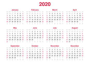 Calendar 2020 - 12 months yearly vector calendar in year 2020 - calendar template - planner calendar