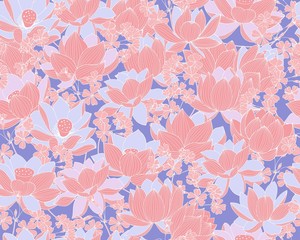 Pink Lotus floral print for textiles and Wallpaper. Seamless vector blue-pink flowers.