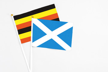 Scotland and Uganda stick flags on white background. High quality fabric, miniature national flag. Peaceful global concept.White floor for copy space.