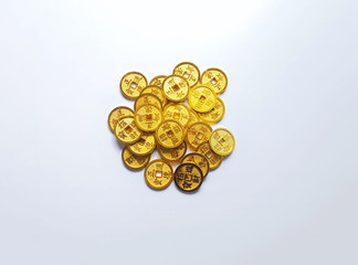 Chinese New Year flat lay series on white background - Traditional Chinese gold  ingots, coins