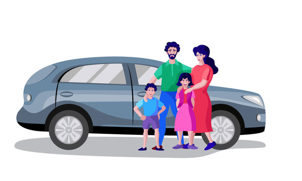 family standing in front of car