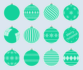 Magic, aquamarine christmas balls stickers isolated on gray background. High quality vector set of christmas baubles.