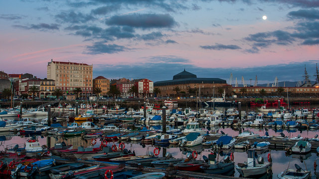 Fishing Port of Ferrol by Night with Full Moon Blue and magenta Sky La Coru&ntilde;a Galicia