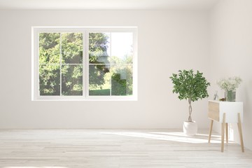 Fototapeta premium Stylish empty room in white color with summer landscape in window. Scandinavian interior design. 3D illustration