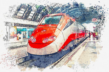 Illustration or watercolor sketch of a modern train at a railway station or at a subway station. © franz12