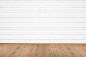 Empty living room with wooden floor and white painted brick wall background. For design interior.