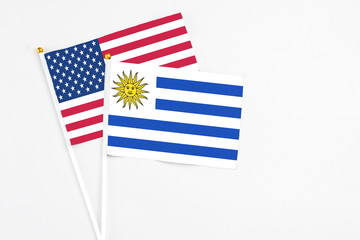 Uruguay and United States stick flags on white background. High quality fabric, miniature national flag. Peaceful global concept.White floor for copy space.