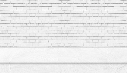 White wood table studio with white brick wall. Background for advertise product or web banner.