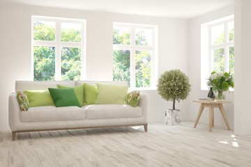 Stylish room in white color with sofa and summer landscape in window. Scandinavian interior design. 3D illustration