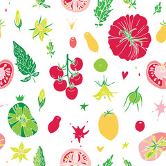 Seamless vector colorful pattern isolated on white background with different types of tomatoes, leaves, buds, flowers and juicy splashes