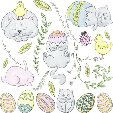  Easter illustration with a gray cheeky cat in a watercolor style with a black outline. Easter eggs, branches with leaves, a chicken, a pink rabbit and a cat.