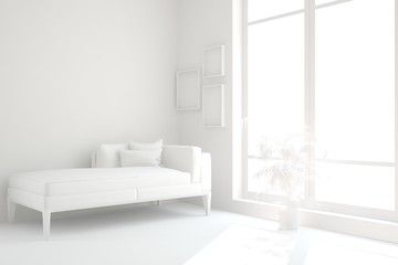 Mock up of stylish room in white color with sofa. Scandinavian interior design. 3D illustration