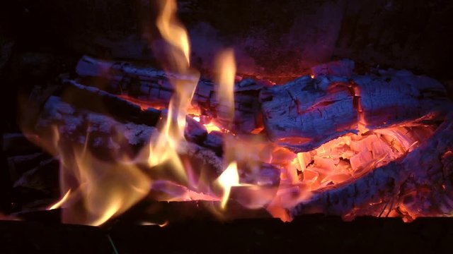 bright fire burns in a barbecue, burning wood to coals